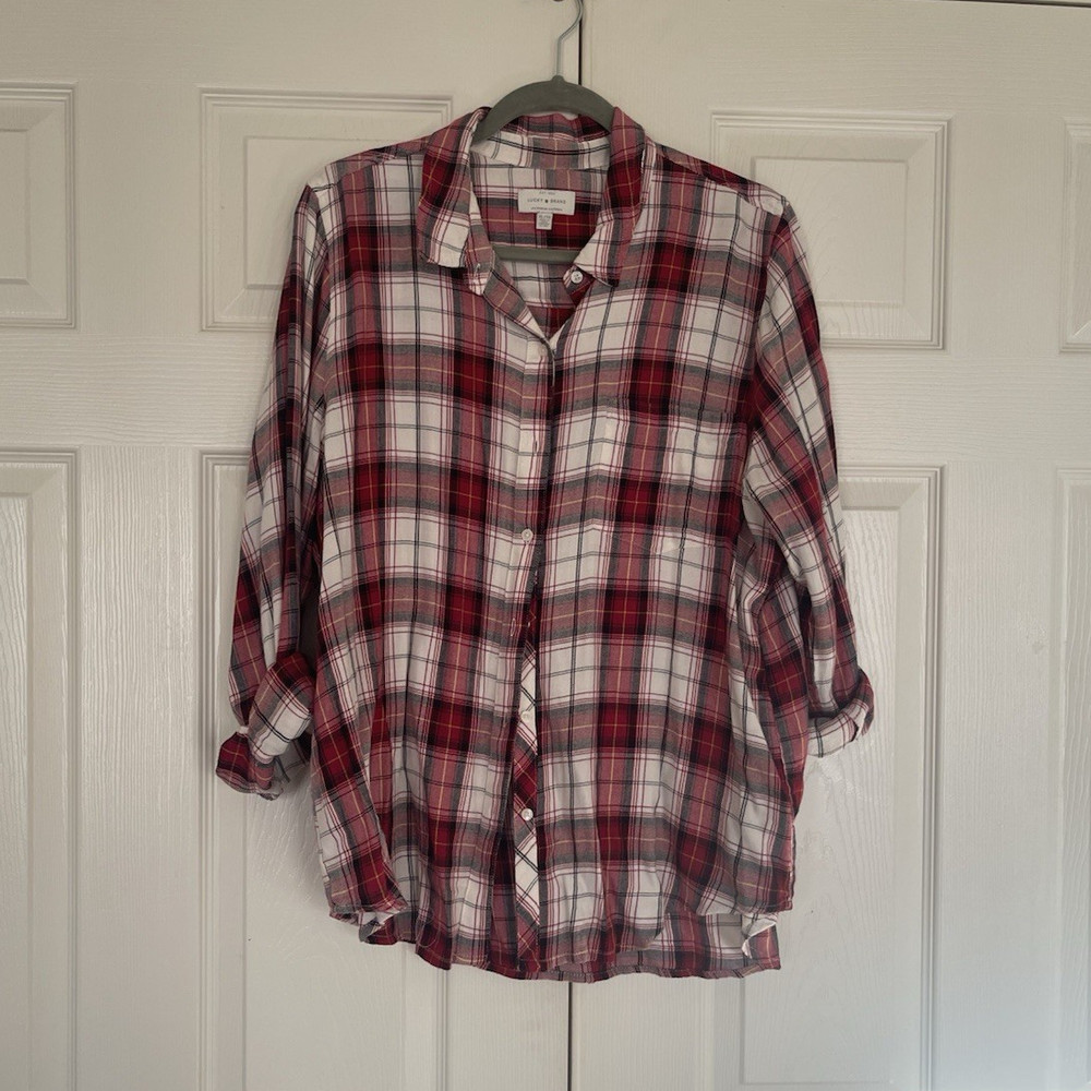 Lucky Brand Women's XL Plaid Button-Up Shirt Red White Black Long Sleeve
