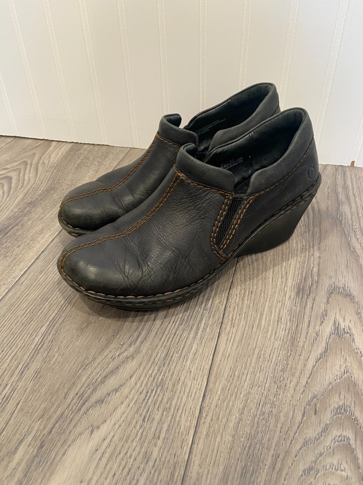 Born Women's Brenta Clog Size 8.5 Wedge Heel Slip On Shootie Black Leather Shoe