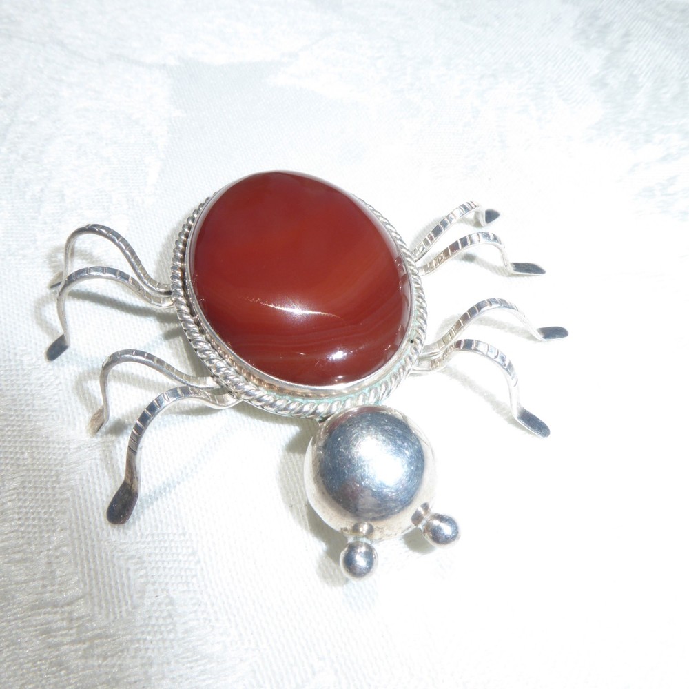 Vintage Large Sterling Silver Mexico Spider Bug Carnelian Brooch Great Size 3