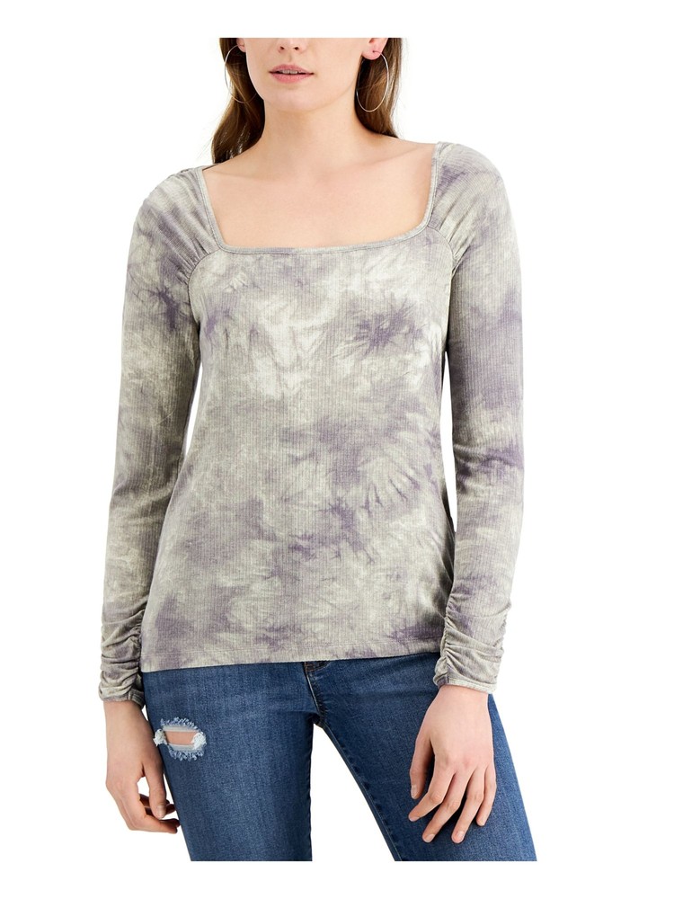 FEVER Womens Gray Ribbed Tie Dye Long Sleeve Square Neck Top Size: M