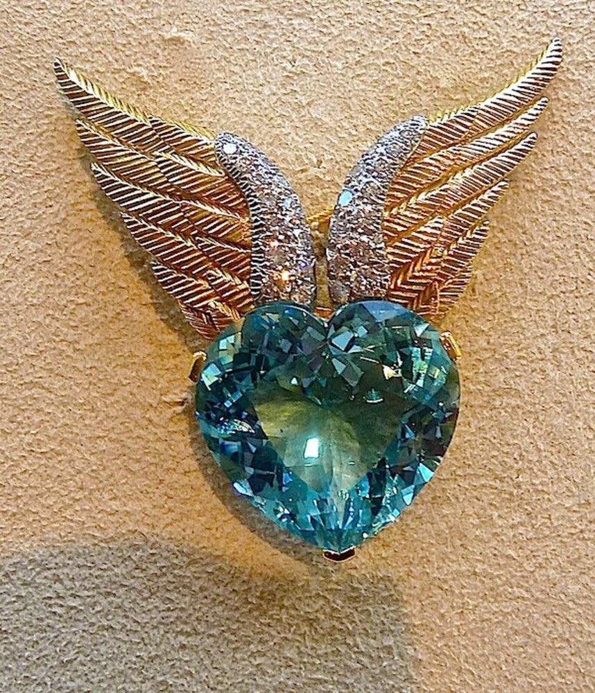 Art deco blue topaz angel wing heart brooch with simulated diamonds  