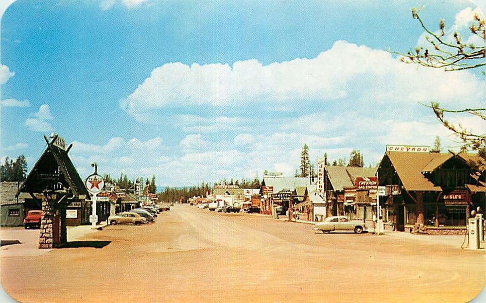 Postcard Street Scene, West Yellowstone, Montana - ca 1950s - Texaco Gas Pumps 2