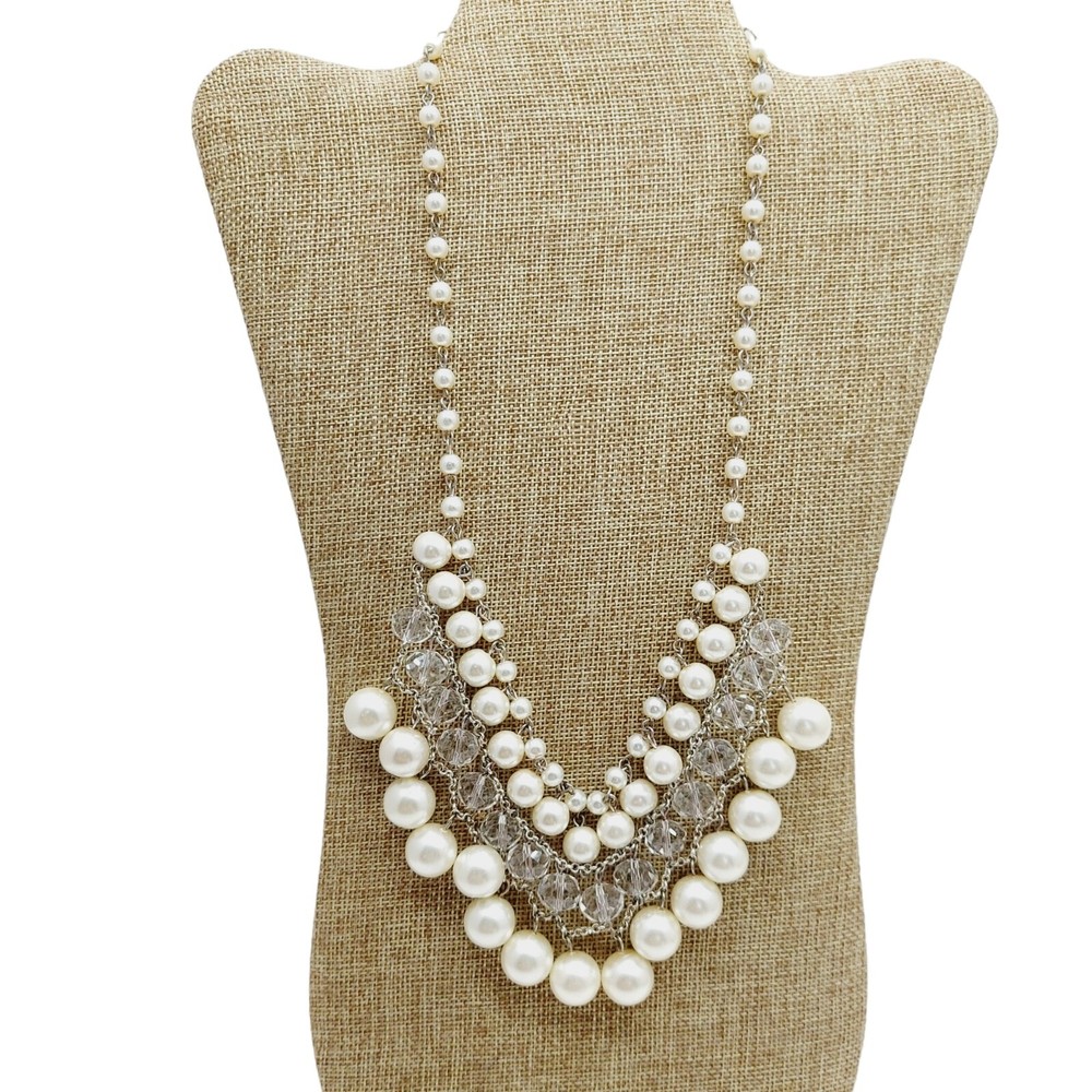 Vintage White & Clear Beaded Multi Strand Necklace silver tone
