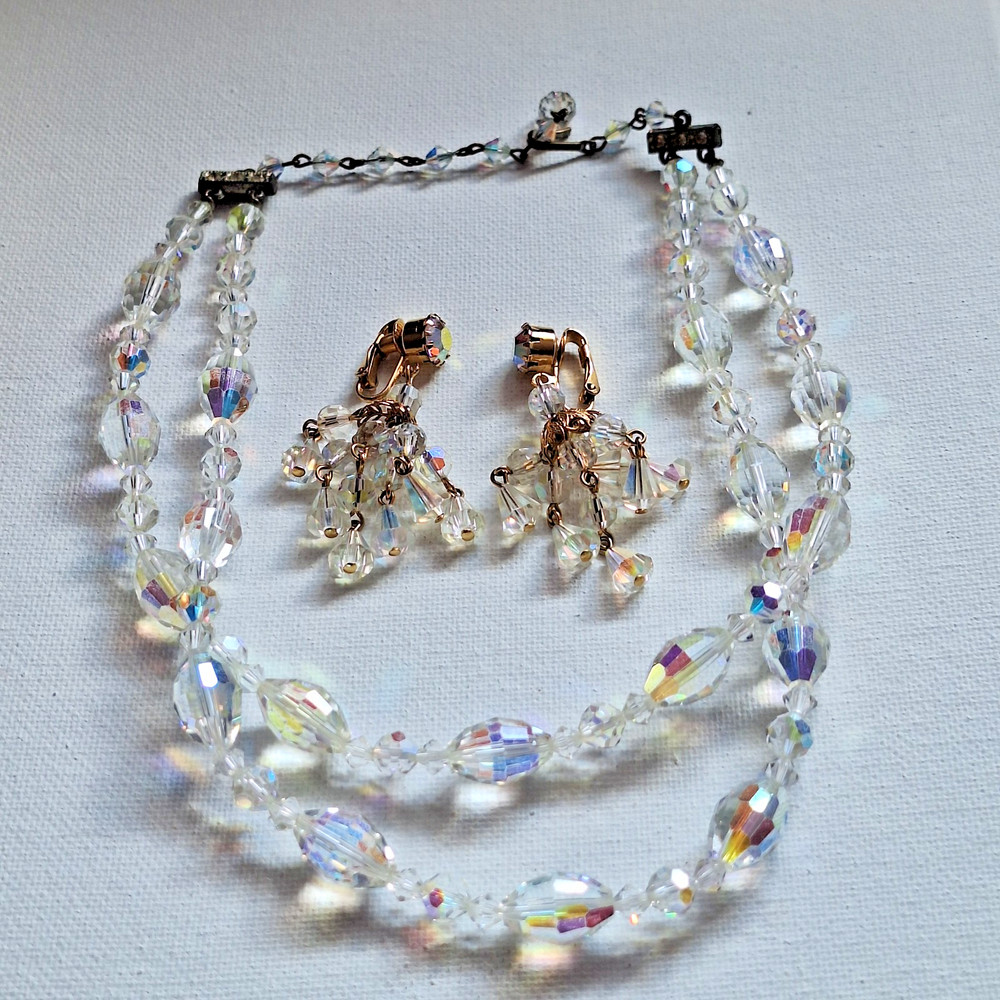 Vintage Aurora Borealis Bead Necklace & Clip Earrings Lot  Glass & Lucite Bridal