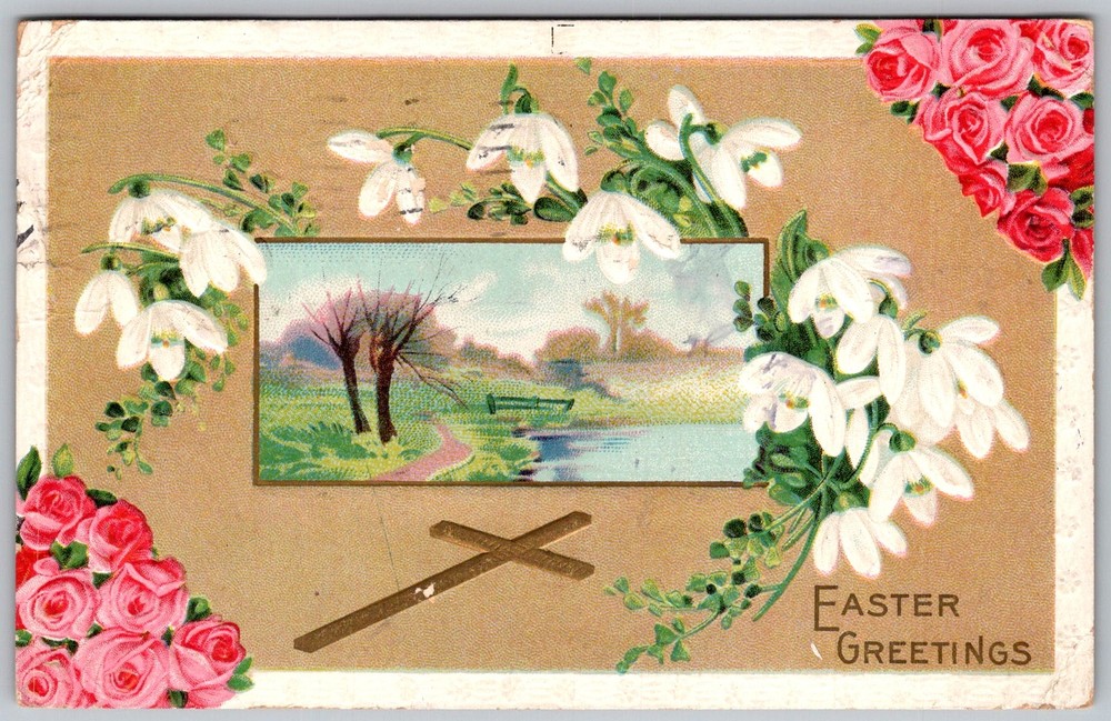Antique Postcard Easter Snowdrops Roses Scene Pittsburgh, PA 1910s