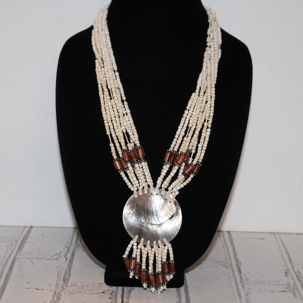 Vintage Cream Beaded Multi-Strand Necklace with SilveryShell Pendant