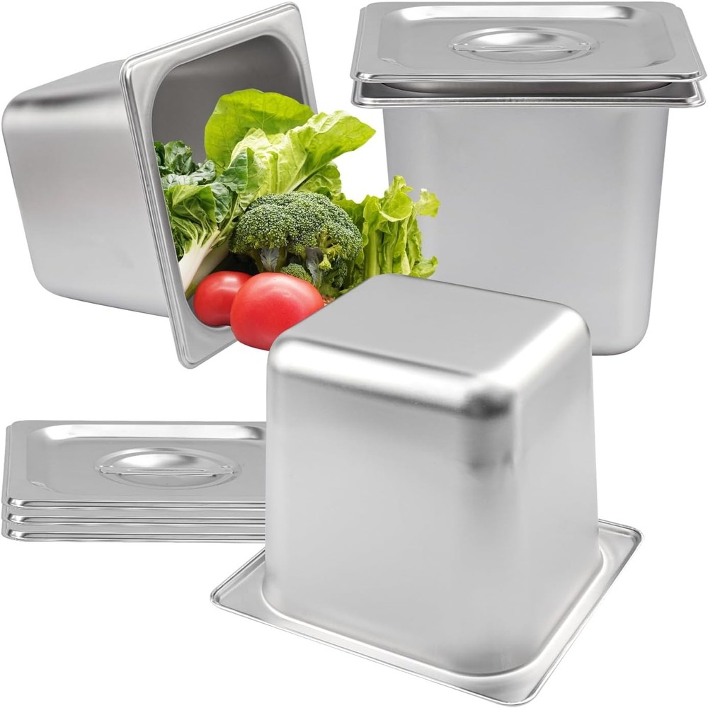 4 Pa 1/6 Size Stainl Steel Ste Hotel Pan with Lid, 6 Inch Deep