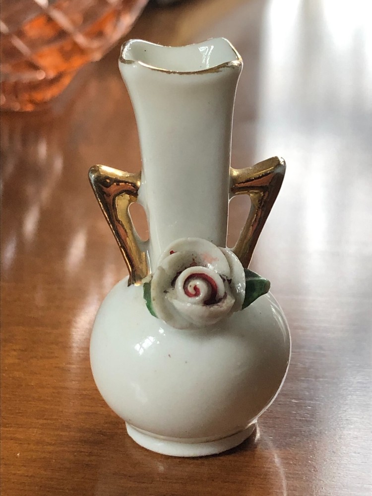 Vintage Japan Miniature Porcelain white Vase Applied Flower DollHouse  1