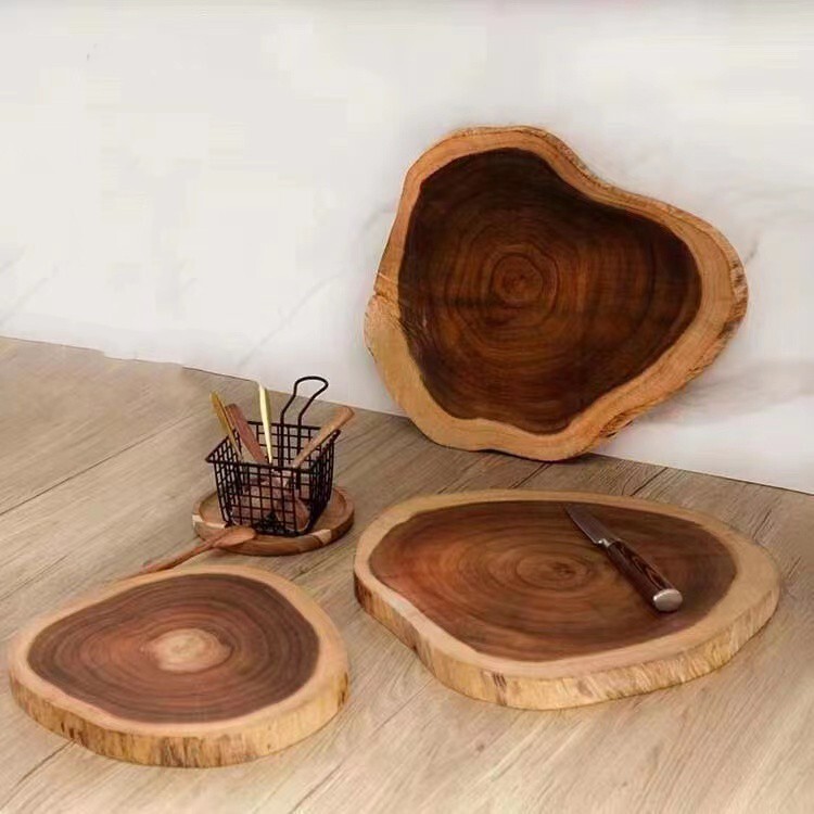 Acacia Wood Irregular Round Chopping Board Serving Tray Bread Dessert Food Plate-image