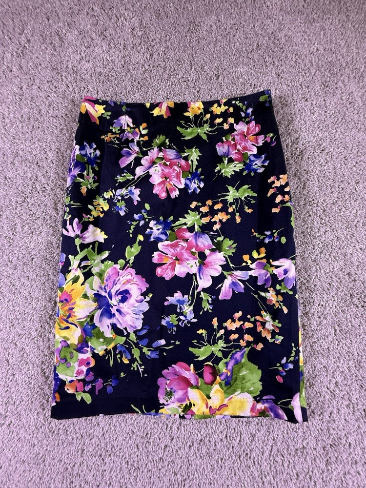 Ralph Lauren Pencil Skirt Womens 6 Blue Floral Office Cottagecore Preppy Career