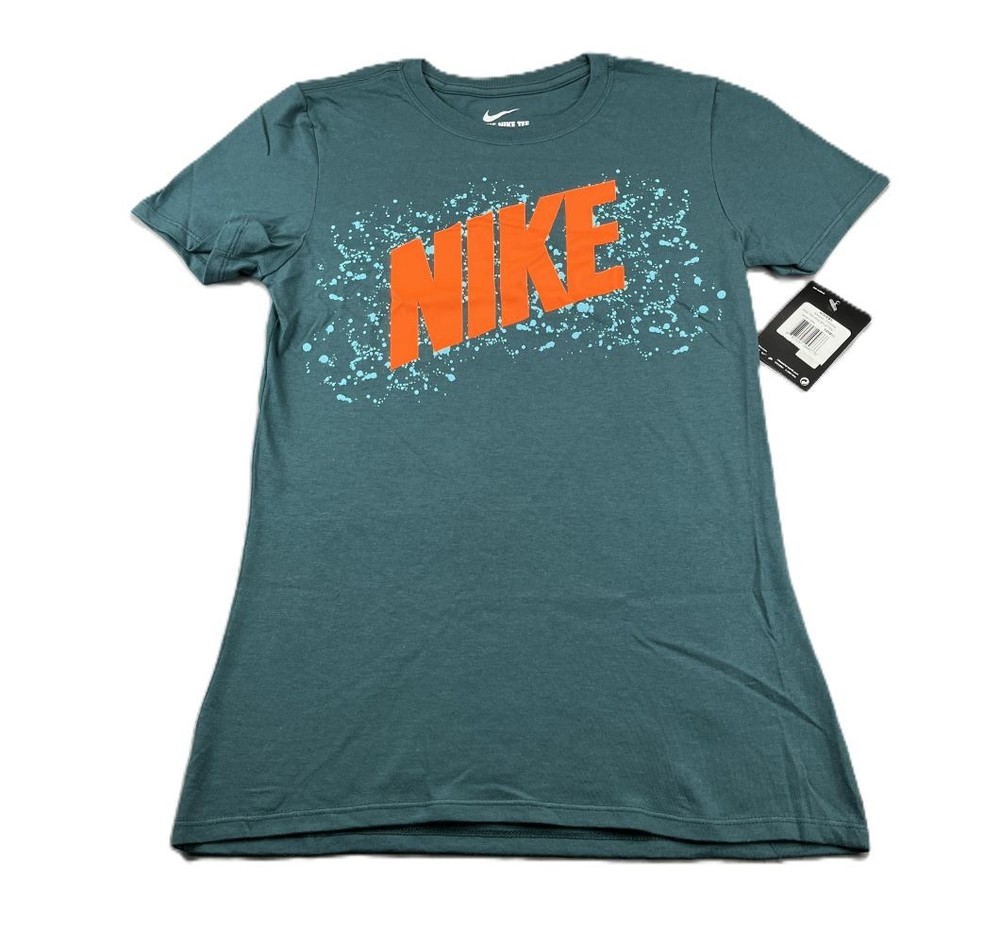 NIKE XS 0/2 Women's Tee Shirt Splatter Print Logo Short Sleeve Sport Teal