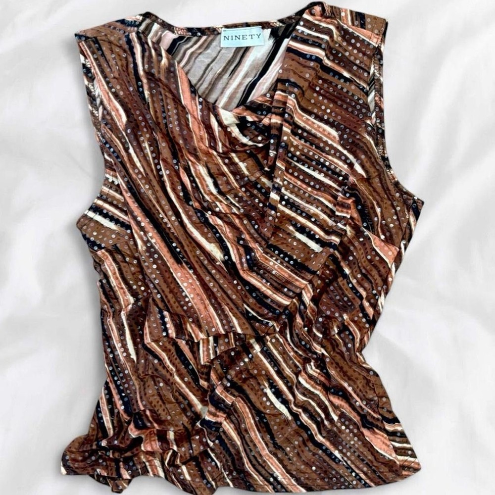 Vintage Y2K shimmer Brown Striped Sequin Sleeveless Cowl Neck Tank Top women’s s