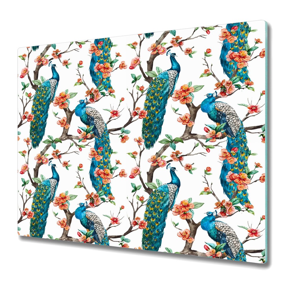 Glass Induction Ceramic Hob Cover Worktop Saver Peacock blue and red art 60x52