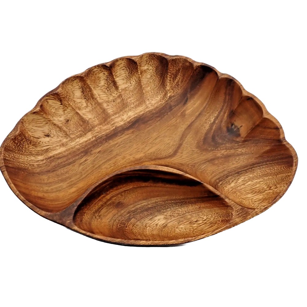 Acacia Wood Chip & Dip Charcuterie Serving Bowl Clam Shell Shaped-image