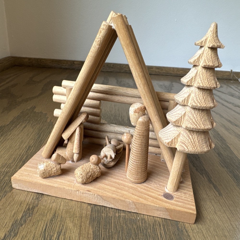 Handcrafted Wooden Nativity Scene Cabin Stable Jesus Mary Jospeh Folk Christmas