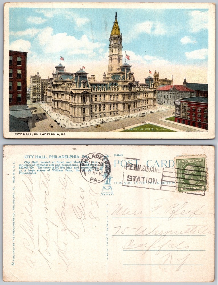 City Hall Philadelphia Pennsylvania Clock Tower Flags Postcard