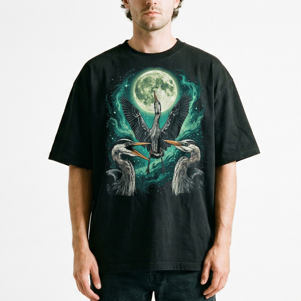 Heron Crane Moon Night Sky Watercolor T-Shirt Retro 90s Bird Graphic Tee