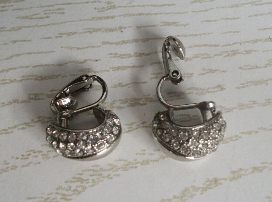 Vintage Avon Earrings Silver Tone Rhinestone Hoop Clip On Signed