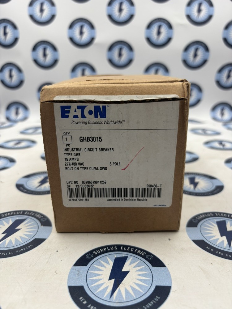 New Eaton GHB3015 15 Amp 3 Pole 277/480 Bolt On Circuit Breaker
