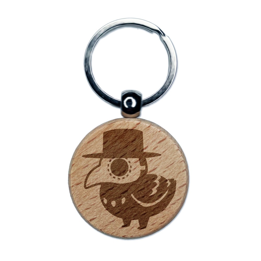 Cute Chibi Raven with Plague Doctor Mask Engraved Wood Round Keychain Tag Charm