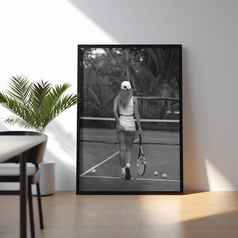 Vintage Black and White Tennis Girl Poster - Funny Feminist Wall Art
