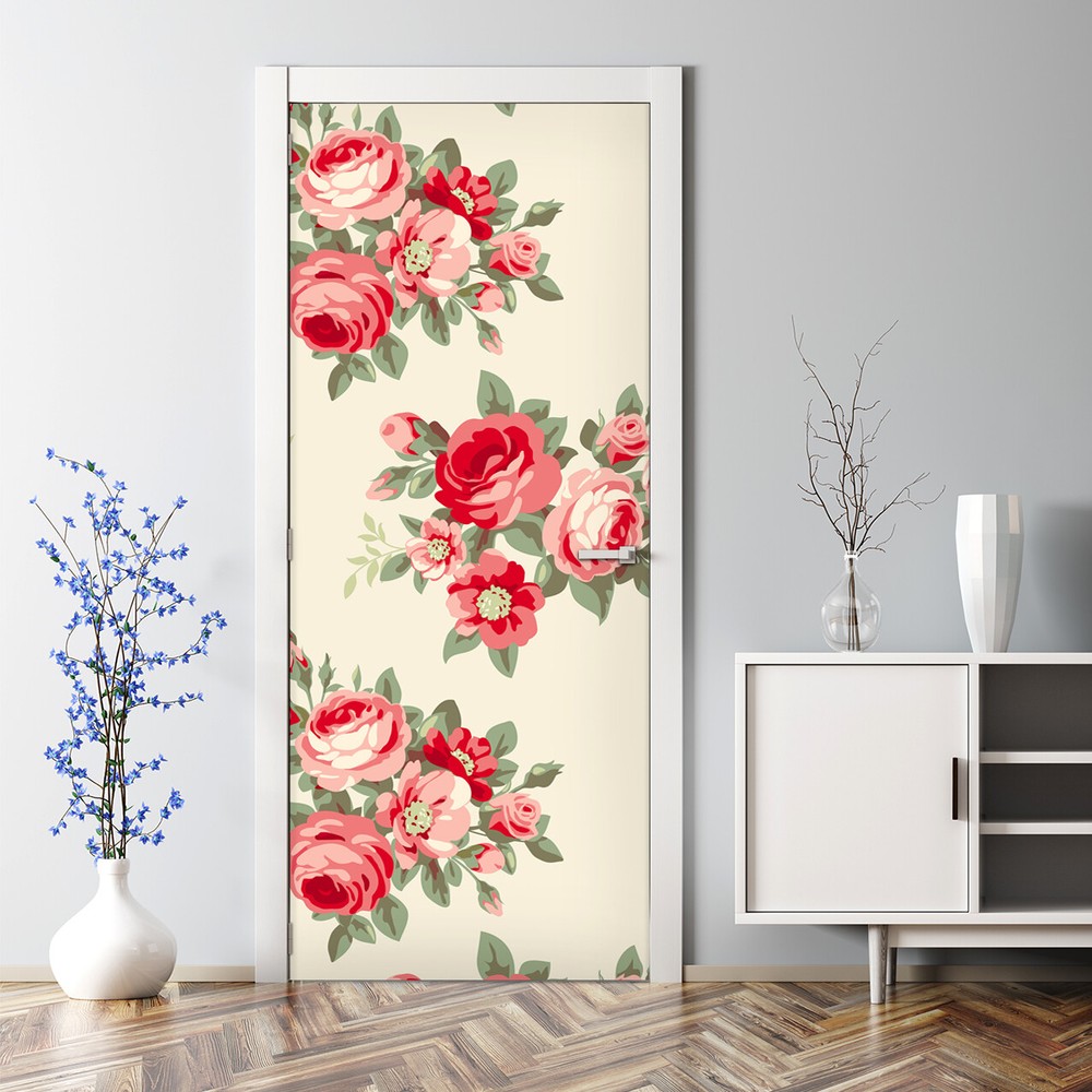 Roses pattern bubble-free door decal in white red green temporary sticker  