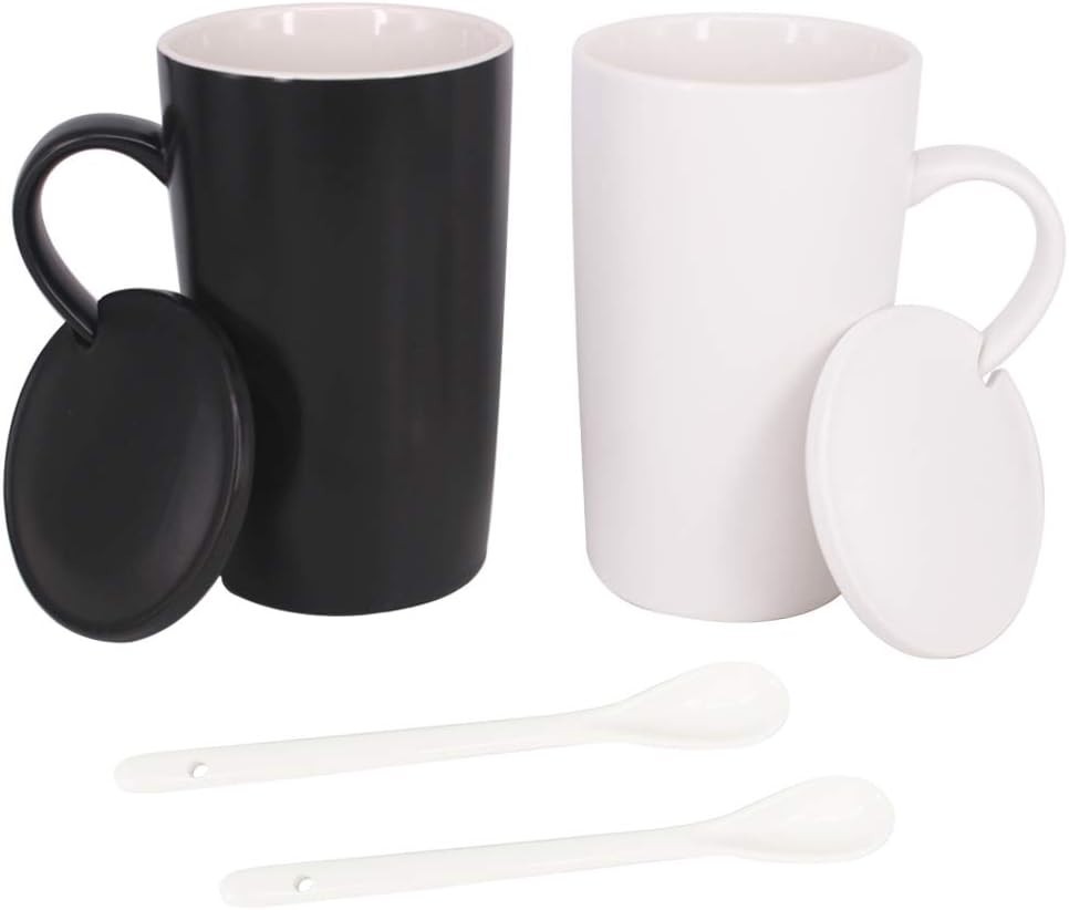 16oz Set of 2 Ceramic Coffee Mug with Lid and Spoon, Milk Cup Classic Mug Dri