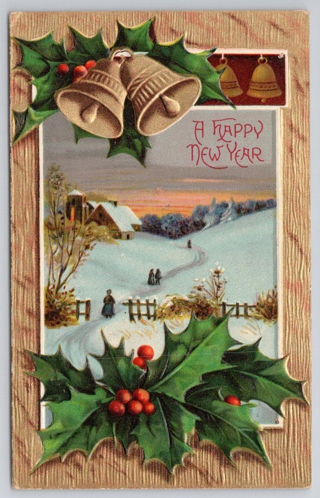Vintage Embossed German New Year Postcard - Winter Scene w/ Holly & Bells