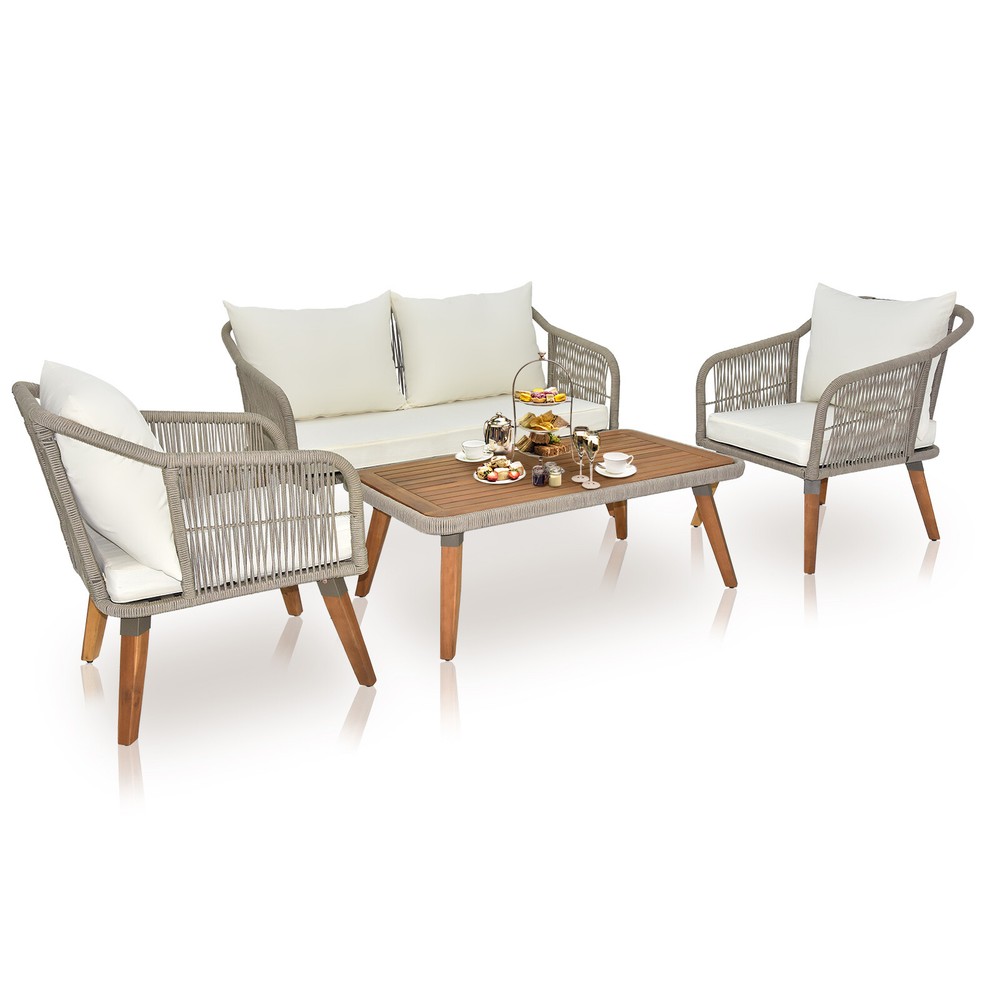 Acacia Wood Outdoor Patio Furniture Set Modern Deep Seating Sofa Loveseat-image