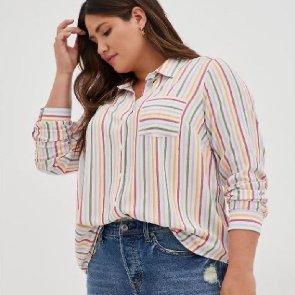 Torrid Multicolor Stripe Lizzie Rayon Crepe Button-Up Long Sleeve Shirt Size 4