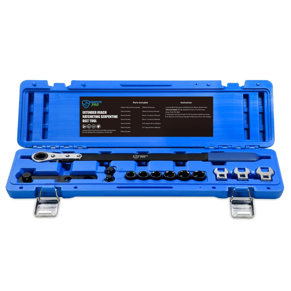 13-Piece Ratcheting Serpentine Belt Tool Kit with Extended Reach & Reversible Handle