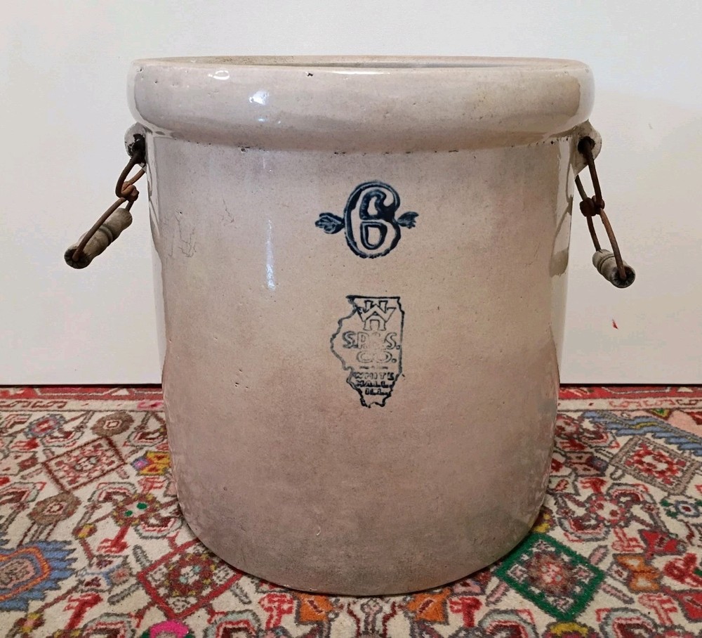 Whitehall Sp&S Co Antique Blue Printed 6 Gallon 2 Handled Stoneware Crock