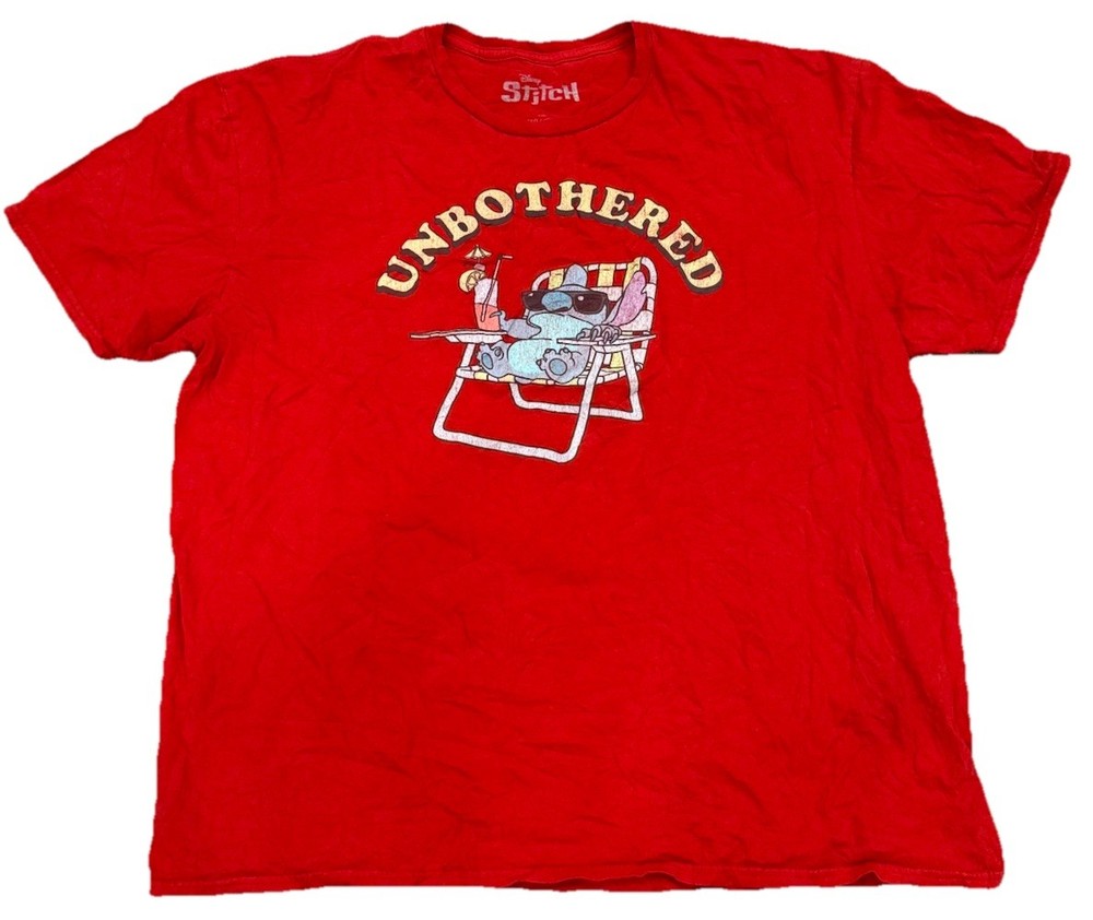 Lilo & Stitch Unbothered T-Shirt Red Disney Sunglasses Shirt Men’s 2XL Stains