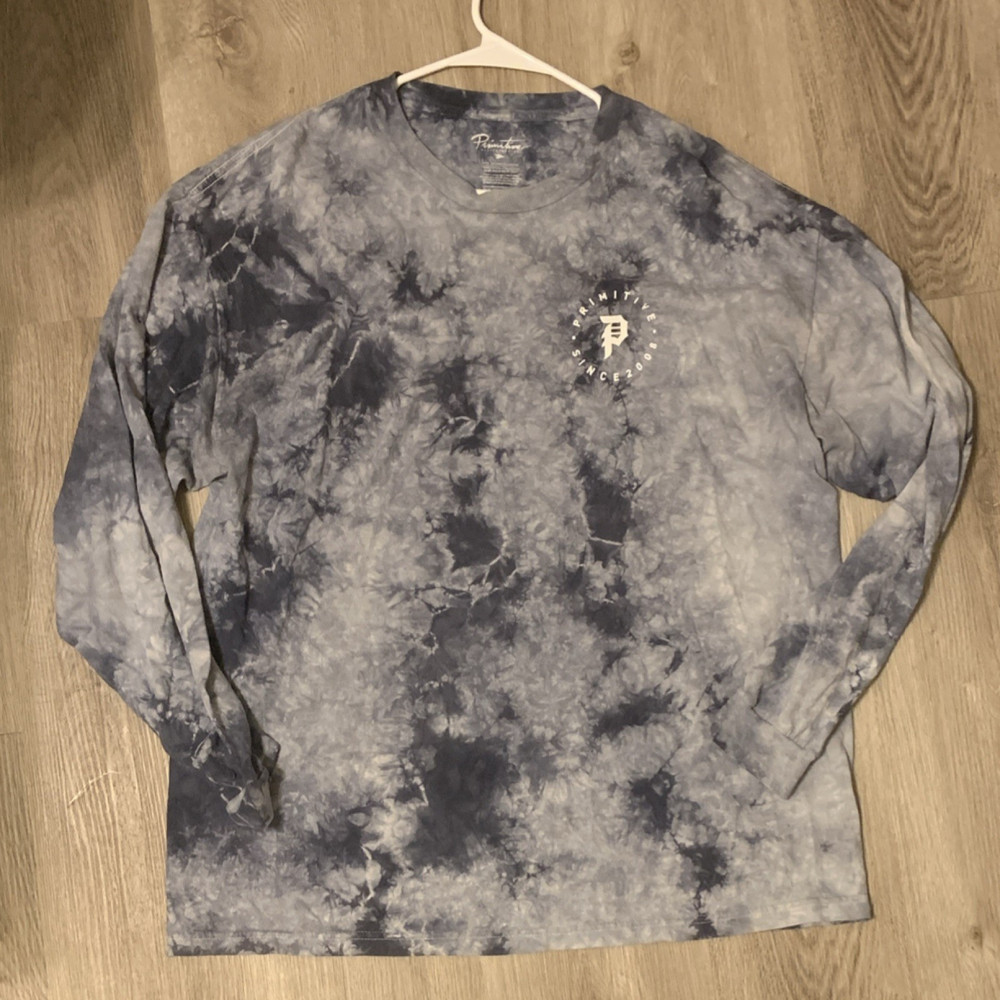 Primitive Tie-Dye Long Sleeve Crew Neck Skateboarding T-Shirt Blue White Size L
