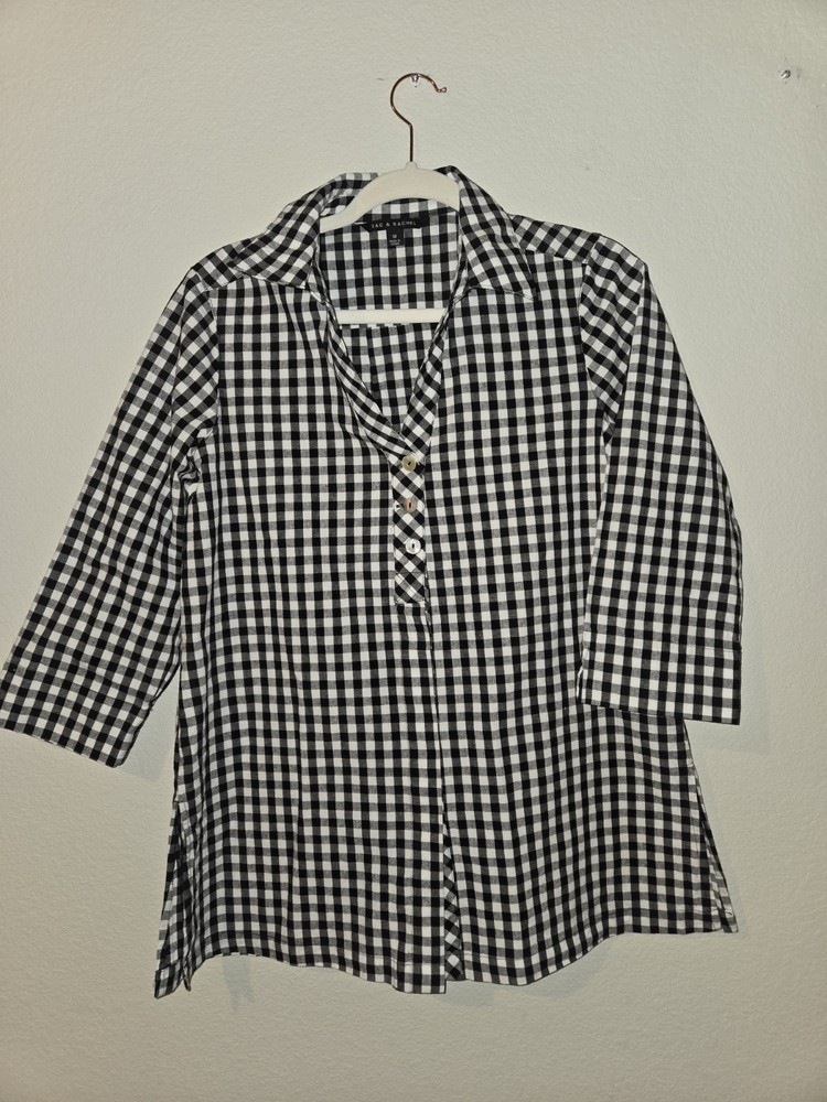 Zac & Rachel Women's M Black White Gingham Cotton Button-Up 3/4 Sleeve Shirt