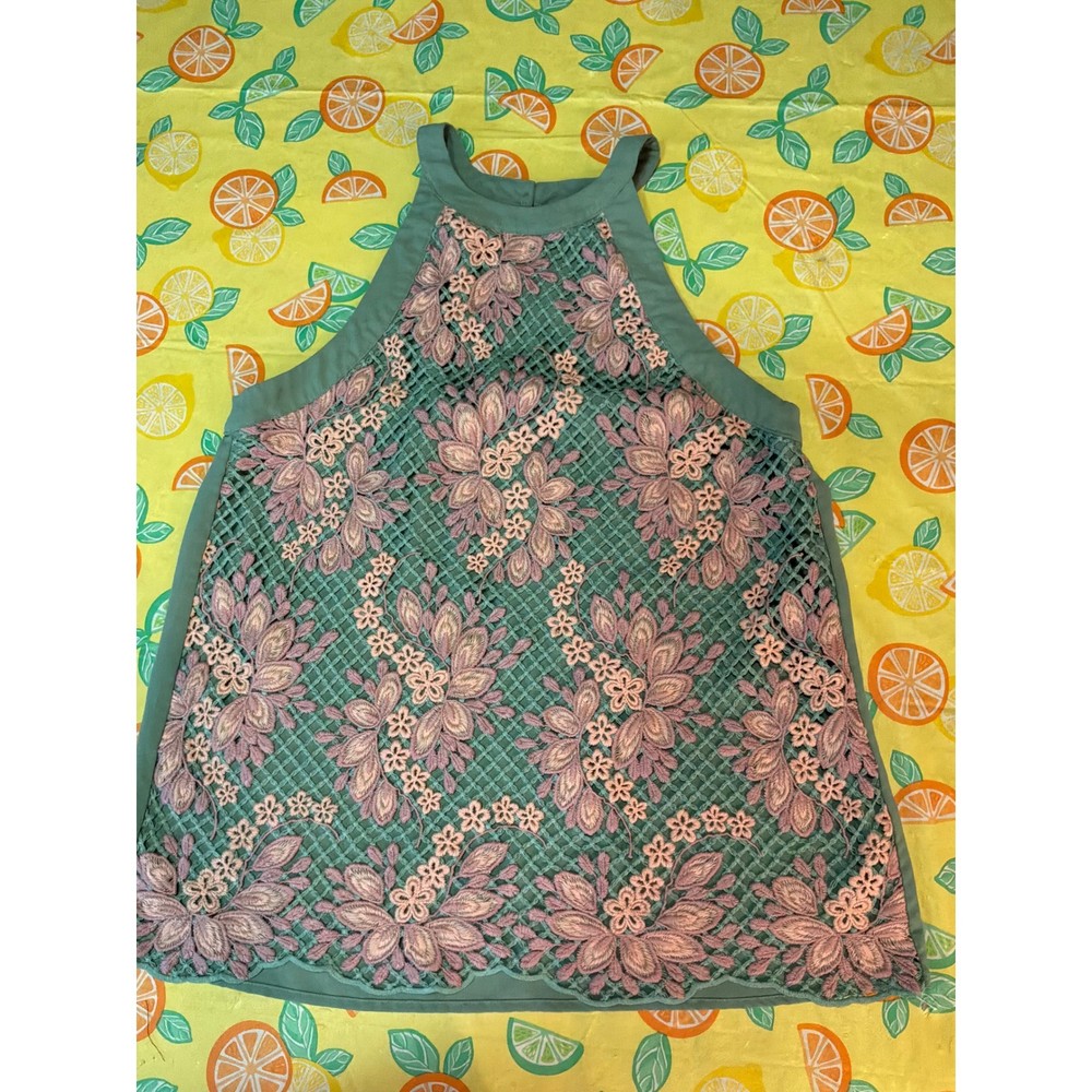 Entro Floral Lace Halter Top Womens Size Medium Sage Green Pink Blouse
