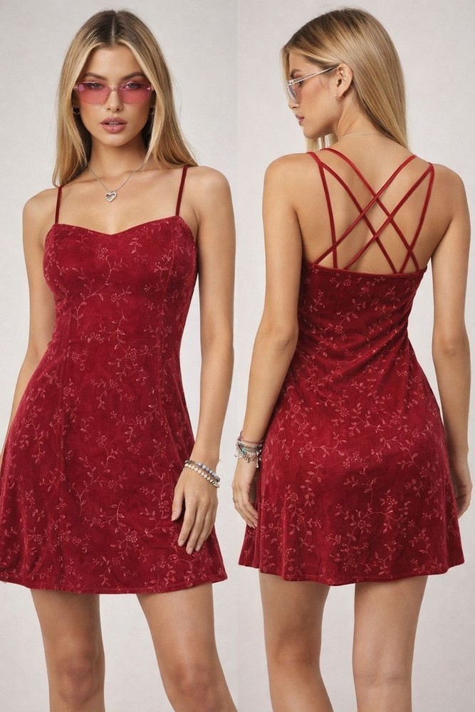 Vintage 90s Velvet Floral Burnout Mini Dress Red Y2K Slip Dress Fairy Size S