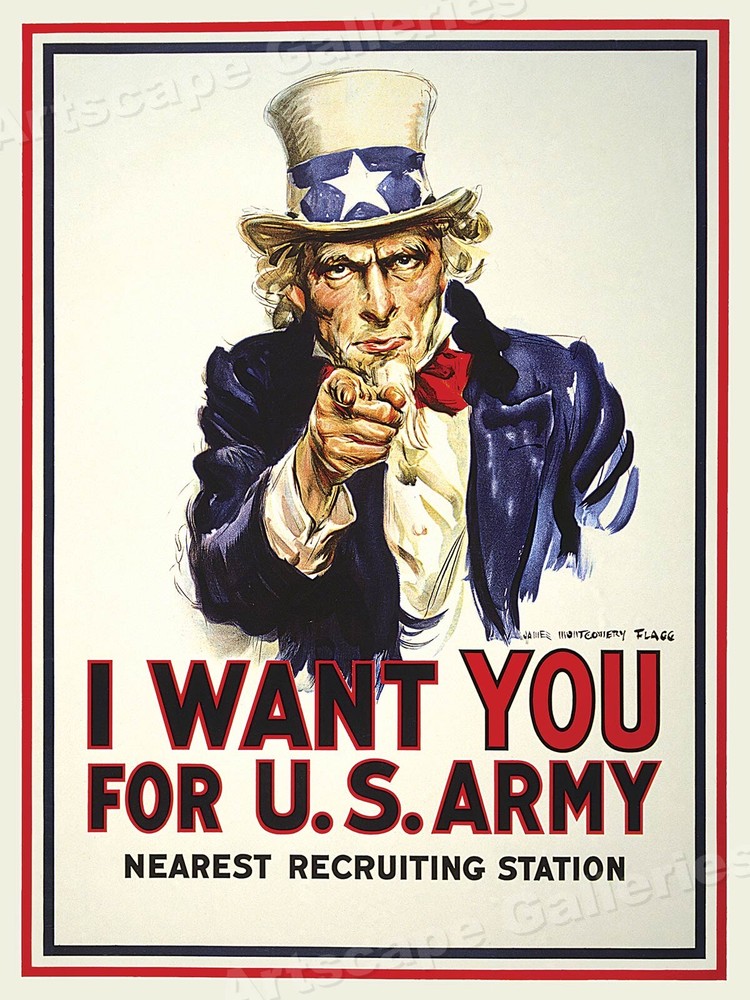 Uncle Sam U.S. Army Enlistment Poster 1917 20x28 Vintage Reproduction