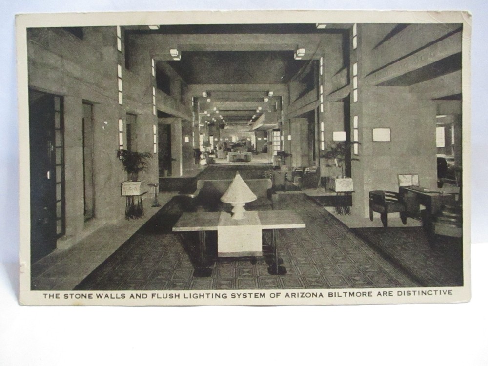 1930  Arizona Biltmore Art Deco Adv Postcard W/ Logo Stone Walls, Lighting Lobby