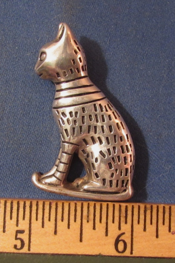 Vintage Modernist Heavy Sterling Silver Cat Brooch Pin -- Signed Better Quality