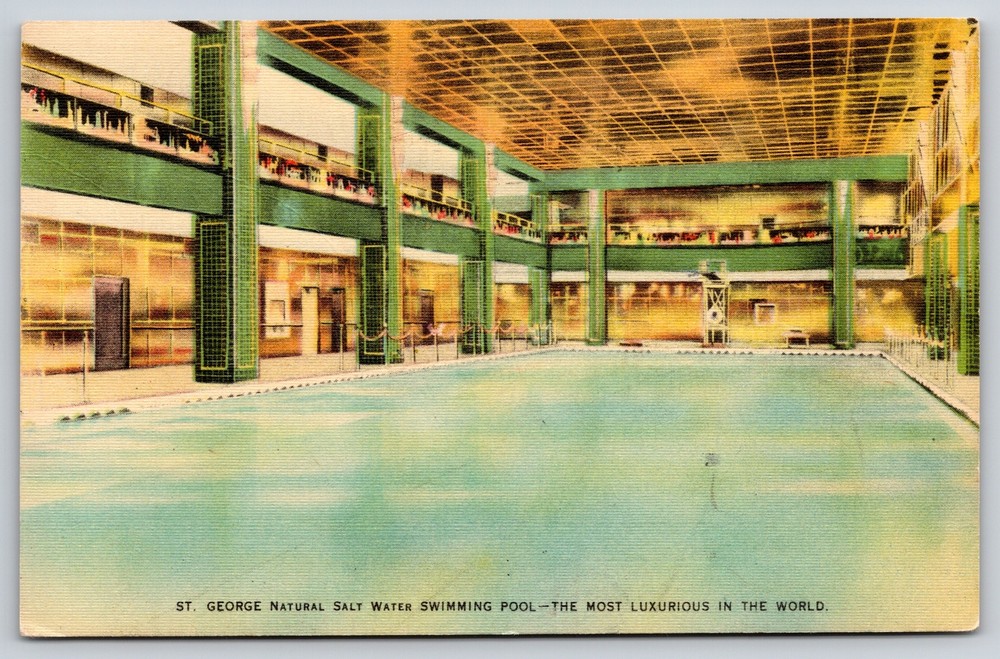 New York City~St George Hotel Salt Water Swimming Pool~PM 1947~Linen Postcard