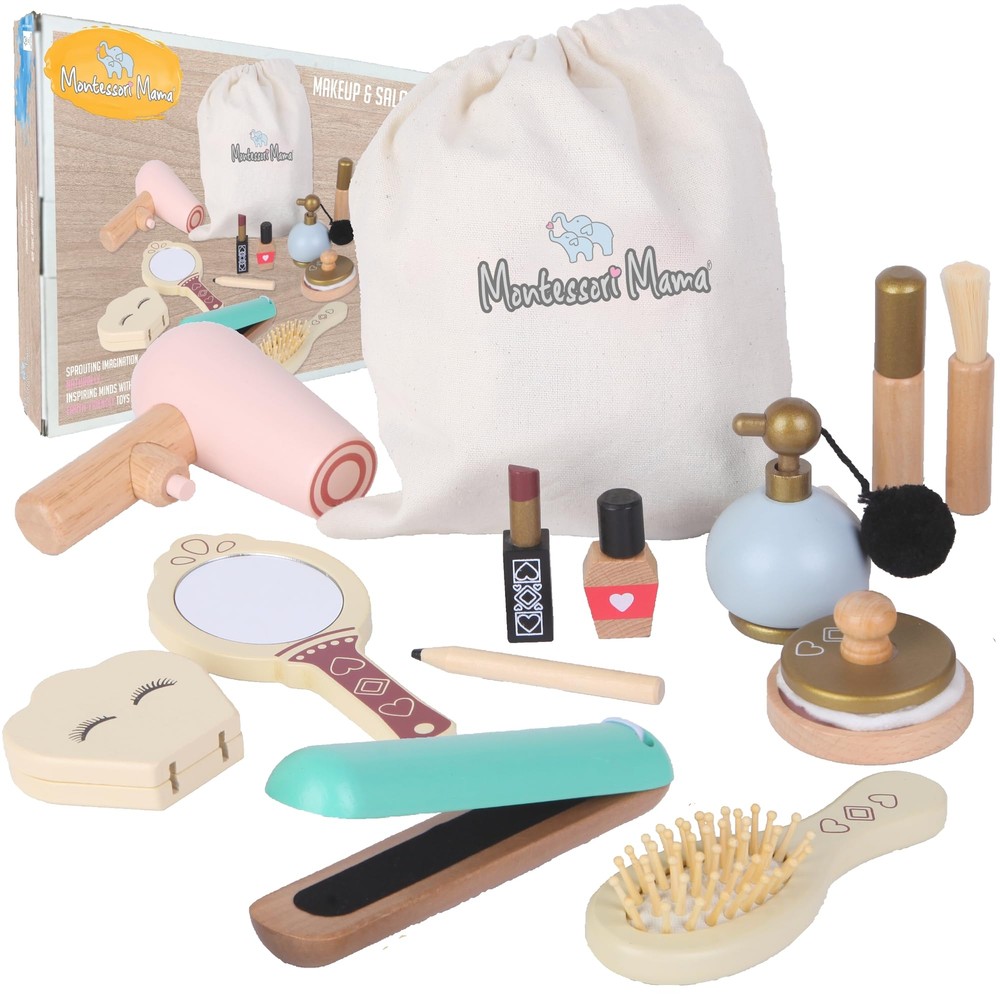 Makeup and Salon Set - Wooden Pretend Play Beauty Play Makeup Kit with Stylin...