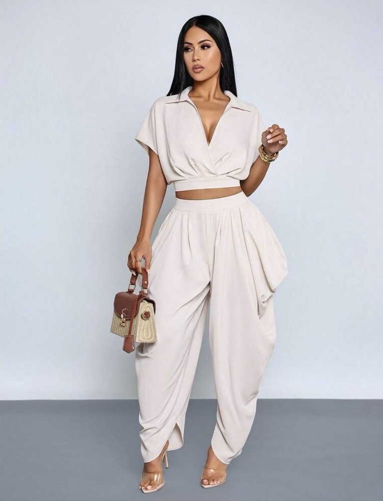 SHEIN SOLERSUN: V-Neck CropTop & Draped Pant Vacay Set - Cream (L)