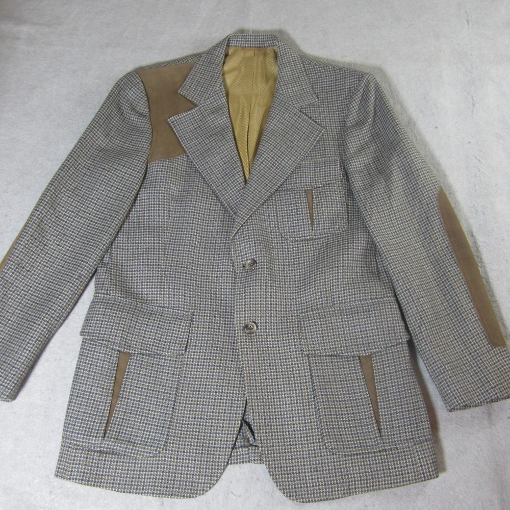 Vtg Johnny Carson Sport Coat Sz 42R Brown Houndstooth Tweed Wool Elbow Patches