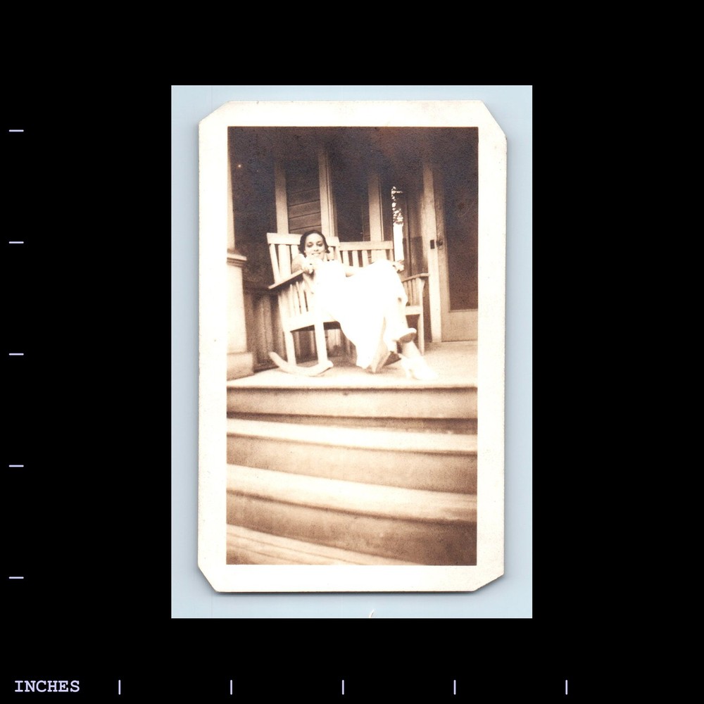 Old Vintage Photo WOMAN SITTING IN ROCKING CHAIR ON FRONT PORCH