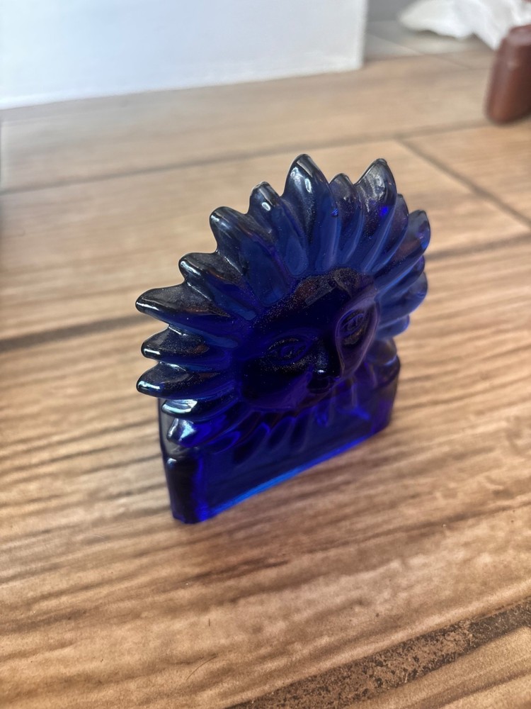 Vintage Cobalt Blue Glass Sun Face Sculpture / Candle Holder