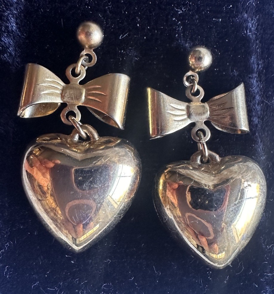 Vintage Earrings Pierced Puffy Heart Hoops Golden Chandelier Dangle Y2K Love