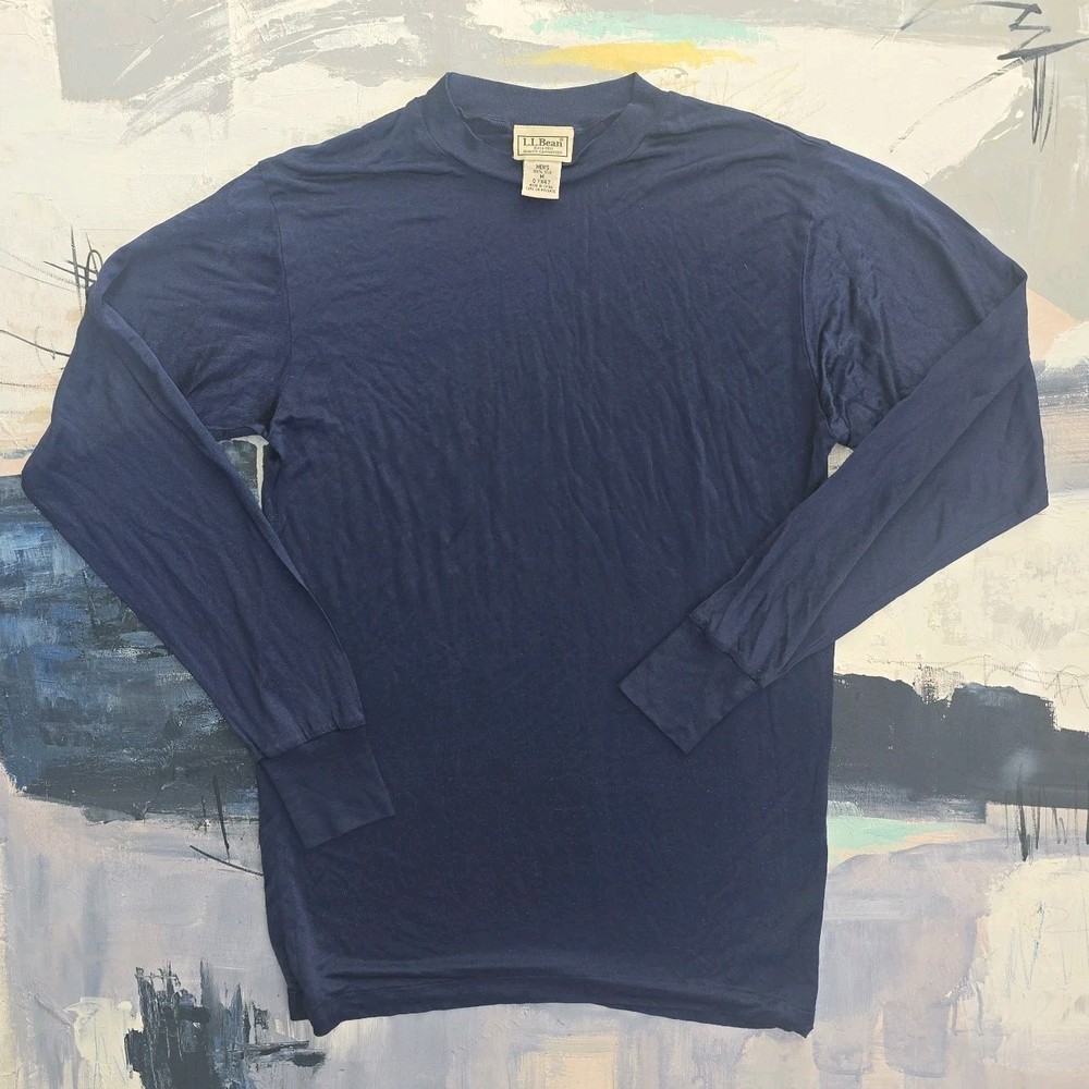 LL Bean Shirt Medium Mens 100% Silk Baselayer Long Sleeve Top Navy Blue Vintage