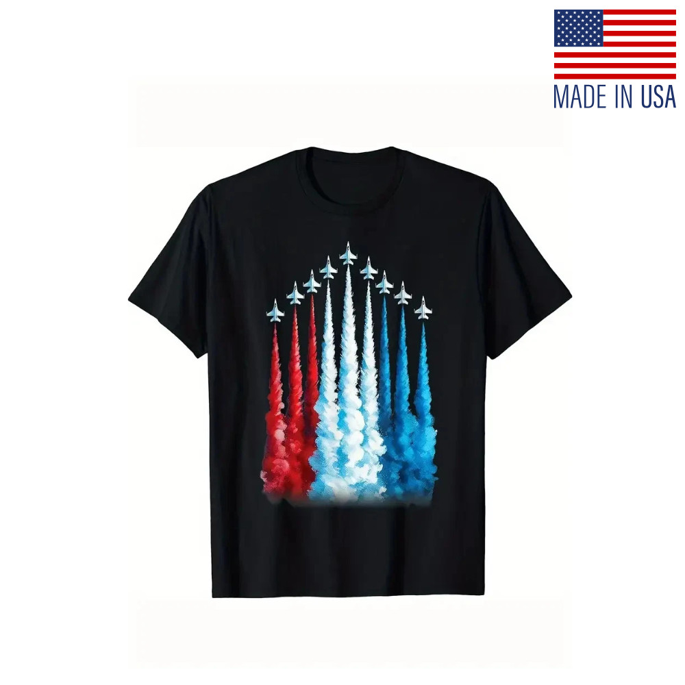 4th of July Patriotic Fighter Jets & American Flag Graphic T-Shirt - Red White B
