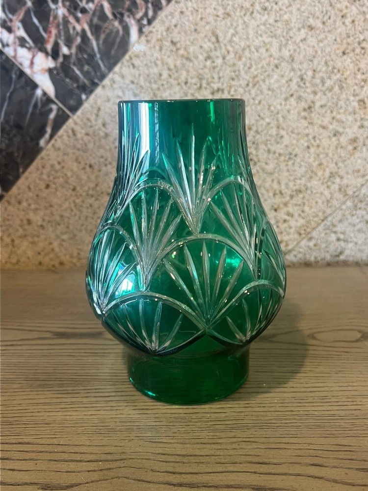 Vintage Style Emerald Green Cut to Clear Crystal Glass Vase Opening 3 8